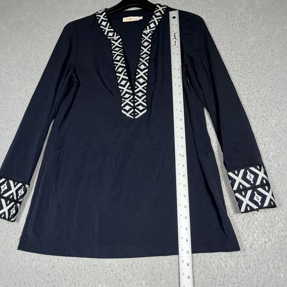 Tory Burch Tunic Top Women’s 6 Navy Blue Ariana Embroidered Knit Trim V Neck - Picture 6 of 13